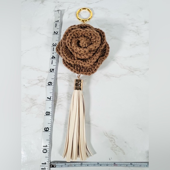 Brown Crochet Flower Bag Charm With Tassel - Picture 4 of 6